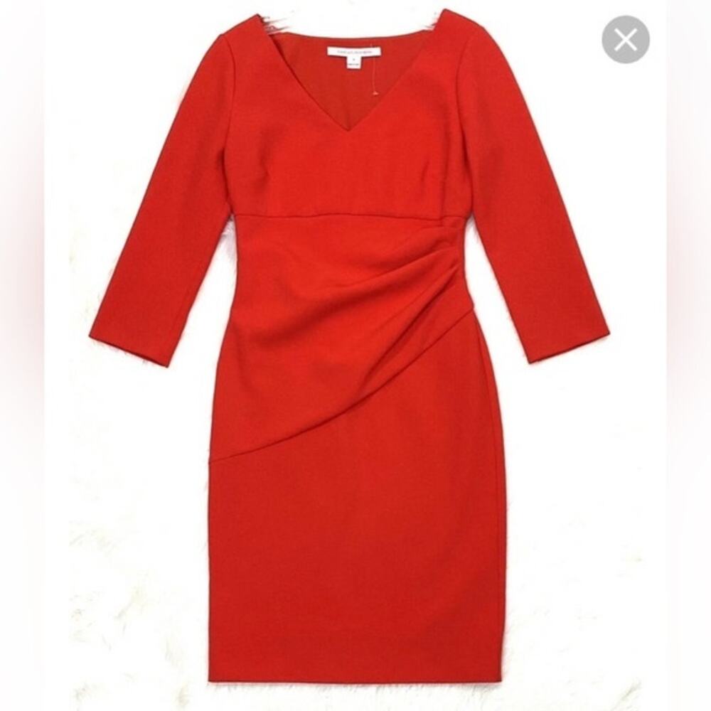 Diane von Furstenberg "Bevin" V-Neck Ruched Ponte Sheath Dress - Red